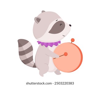 Cute circus raccoon with drum. Funny retro animal. Vector color illustration for kids and nursery