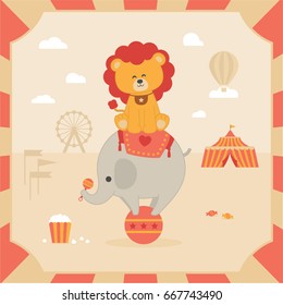 Cute circus scene with lion and elephant