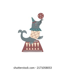A cute circus seal playing with a ball on a pedestal. Vector illustration isolated on white background for your design