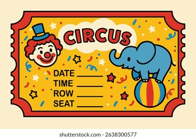 Cute Circus Ticket for Kids  Elephant and Clown Illustration