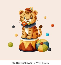 Cute circus tiger sitting on circus pedestal with bright ball, cartoon vector illustration on beige background, colorful children animal character