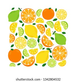 Cute Citrus Fruits Lemon, Lime and Orange background in vivid tasty colors ideal for Fresh Lemonade