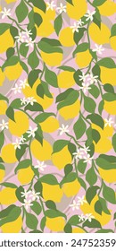 Cute citrus print on pink background. Lemons and leaves jungle seamless pattern in retro groovy aesthetic style. Vector illustration.
