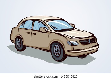 Cute city ad steering beige taxicab sedan smooth shape on white backdrop. Bright cream color hand drawn logo sign pictogram emblem sketch in art scribble comic style on paper space for text. Side view