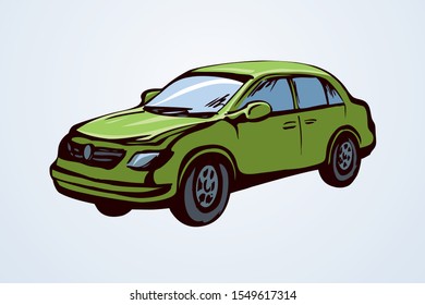 Cute city ad steering big taxicab sedan smooth shape on white backdrop. Bright green color hand drawn logo sign pictogram emblem design sketch in art scribble style on paper space for text. Side view