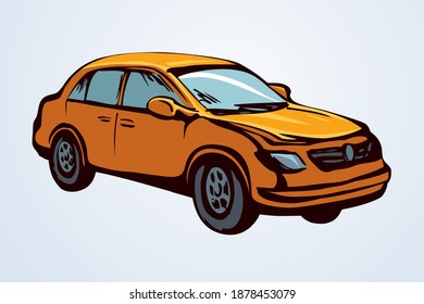 Cute city ad steering old taxicab sedan smooth shape on white paper text space backdrop. Bright orange color hand drawn logo sign pictogram emblem sketch in retro art scribble style. Side view design