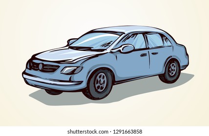 Cute city ad steering taxicab sedan smooth shape on light white backdrop. Bright gray silver color hand drawn logo sign pictogram emblem sketch in art scribble style on paper space for text. Side view