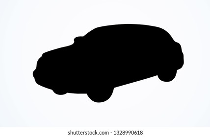 Cute city ad steering taxicab sedan smooth shape isolated on white background. Dark black ink hand drawn pictogram emblem picture design in art contour print style on paper space for text. Side view