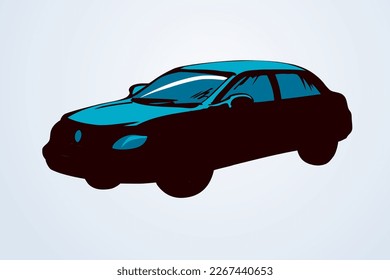 Cute city ad steering taxicab sedan smooth shape on white sky backdrop. Bright blue color hand drawn logo sign pictogram emblem sketch art scribble style paper text space. Side view sport race design