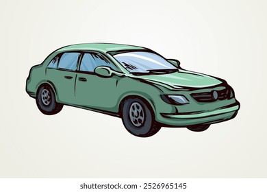 Cute city ad steering taxicab sedan smooth shape on white backdrop. Bright green color hand drawn logo sign pictogram emblem sketch in art scribble style on paper space for text. Side view