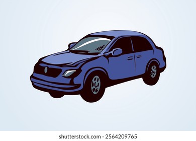 Cute city ad steering taxicab sedan smooth shape on white backdrop. Bright blue color hand drawn logo sign pictogram emblem sketch in art scribble style on paper space for text. Side view