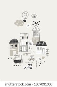 Cute city background. Childish vector illustration with skyscraper, buildings and cars. Design for poster, card, bag and t-shirt, cover. Doodle style.