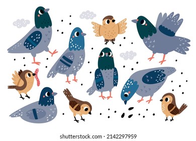 Cute city birds. Funny street sparrows and pigeons. Different poses and actions. Cartoon characters with wings and beaks. Doves pecking grains. Urban fauna. Vector