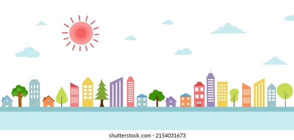 El paisaje de los edificios de la ciudad en diseño plano sobre fondo blanco.