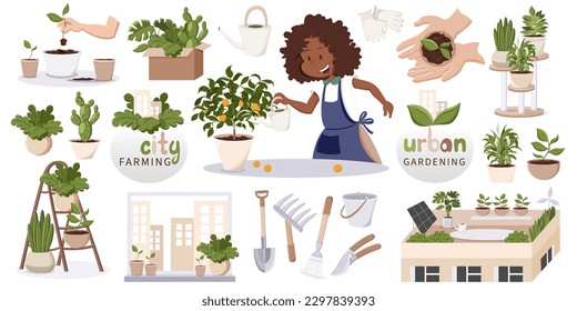 Cute city farming set. African american woman watering plants. Potted plants on shelves, roof, window. Home decor and urban gardening concept. Isolated vector illustration in cartoon style