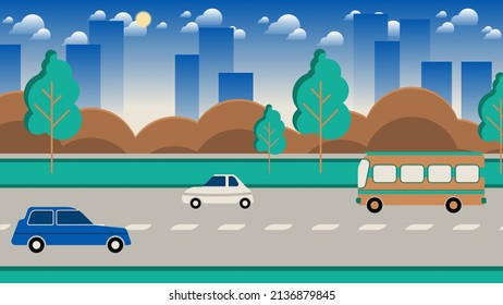 Cute city flat landscape design. The bus and cars drive along the road against the background of trees, lawns, bushes, skyscrapers, sky with sun and clouds. Vector. 