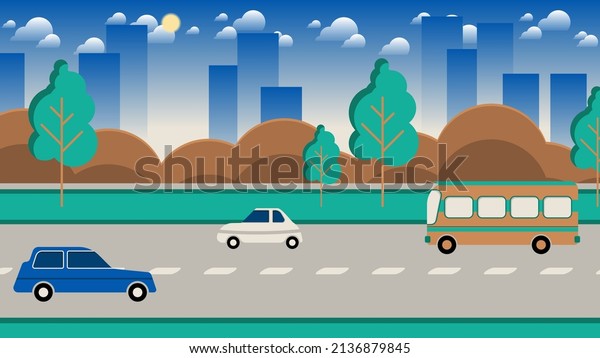 Cute city flat landscape\
design. The bus and cars drive along the road against the\
background of trees, lawns, bushes, skyscrapers, sky with sun and\
clouds. Vector. 
