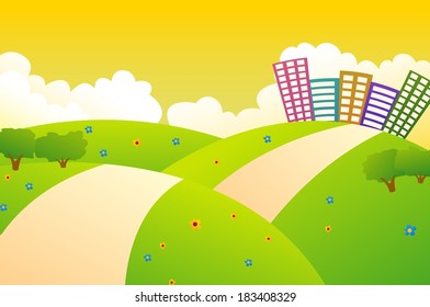 Cute City And Green Hills With Sunset
