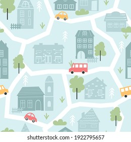 Cute city houses, childish seamless pattern vector illustration. Cartoon scandinavian map cityscape with geometric old houses, tree and car bus on street. Wallpaper for child fabric, textile, nursery