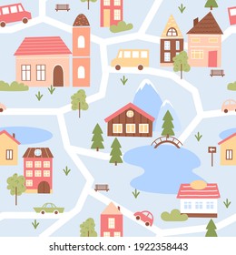 Cute city houses seamless pattern vector illustration. Cartoon funny map cityscape with small wooden or brick buildings in scandinavian style, cars on streets, lakes and park with green summer trees