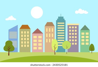 Cute city landscape background in flat design.