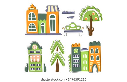 Cute City Landscape Elements Set, Town Residential Houses, Public Buildings, Trees, Bench Hand Drawn Vector Illustration