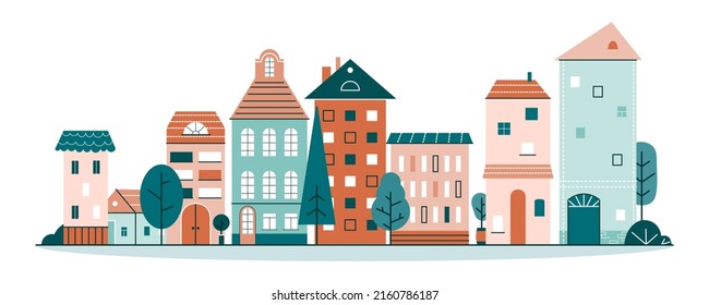 Cute Stadt mit kleinen Häusern im skandinavischen Stil. Straße der kleinen Stadt mit gemütlichen Häusern und Bäumen. Flache Cartoon, Vektorgrafik einzeln auf weißem Hintergrund