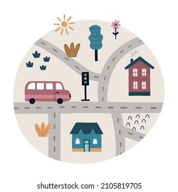 Cute city map for children's room. Hand drawn houses, trees, roads, streets and cars. Vector illustration for nursery decor, kid's poster, T-shirt print