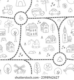 Cute city map Seamless Pattern, Cartoon town landscape background, vector Illustration.