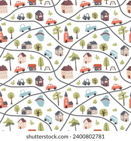 Cute city map Seamless Pattern, Cartoon town landscape background, vector Illustration.