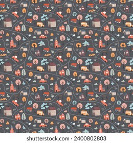 Cute city map Seamless Pattern, Cartoon town landscape background, vector Illustration.