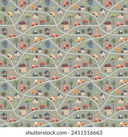 Cute city map Seamless Pattern, Cartoon town landscape background, vector Illustration.