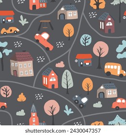Cute city map Seamless Pattern, Cartoon town landscape background, vector Illustration.