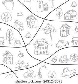 Cute city map Seamless Pattern, Cartoon town landscape background, vector Illustration.