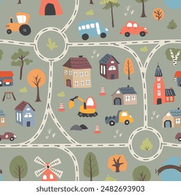 Cute city map Seamless Pattern, Cartoon town landscape background, vector Illustration.