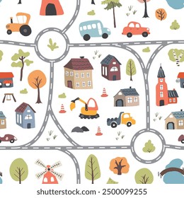 Cute city map Seamless Pattern, Cartoon town landscape background, vector Illustration.