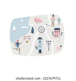 Cute city map with streets, parks, people, colorfulhouses. Lovable poster design, decoration.