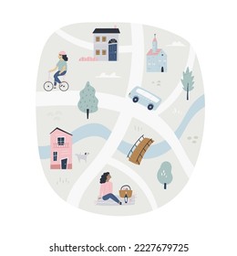 Cute city map with streets, parks, people, colorful houses. Lovable poster design, decoration.