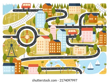 Cute city map vector illustration. Cartoon town or village plan with infrastructure, roads with transport and buildings, skyscraper of shop, hotel and hospital in fun baby landscape background