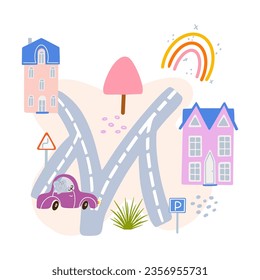 Cute city maps with road, cars, charackters.