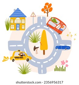 Cute city maps with road, cars, charackters.