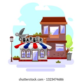 
Cute city or provincial service shop, barber or hairdresser. Funny building