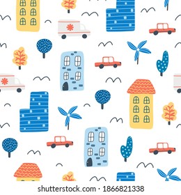 Cute city scene seamless pattern with ambulance, houses, cars, windmills and trees. Hand drawn Scandinavian style vector illustration for print and design.