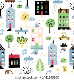 Cute city seamless pattern with buildings, road, transport, abstract trees. Good for kids fabric, textile, nursery wallpaper. Seamless city landscape. Scandinavian style