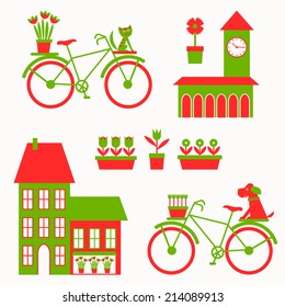 Cute city set. Vector illustration. 