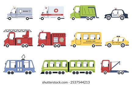 Cute city transport. Illustration in child style of cars for different professions. Equipment for the police, ambulance, firefighters, public transportation. Vector illustration