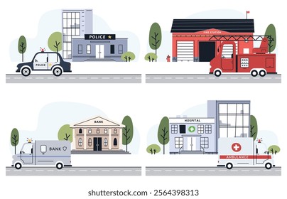 Cute city transport. Illustration in child style of cars for different professions. Equipment for the police, ambulance, firefighters, public transportation. Vector illustration