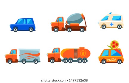 Cute City Transport Set, Urban Colorful Childish Vehicles, Vector Illustration