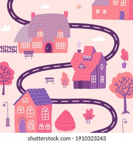 Cute cityscape background, beautiful cozy houses with trees and road in cartoon style. isolated vector flat illustration