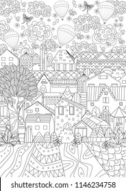 cute cityscape with hot air balloons in sky for your coloring book